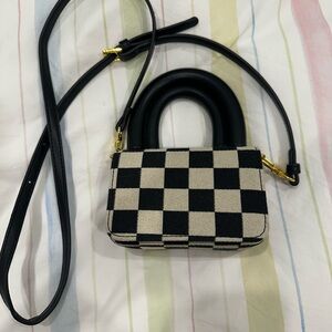 Black and White Checkered Mini Bag with Gold Accents